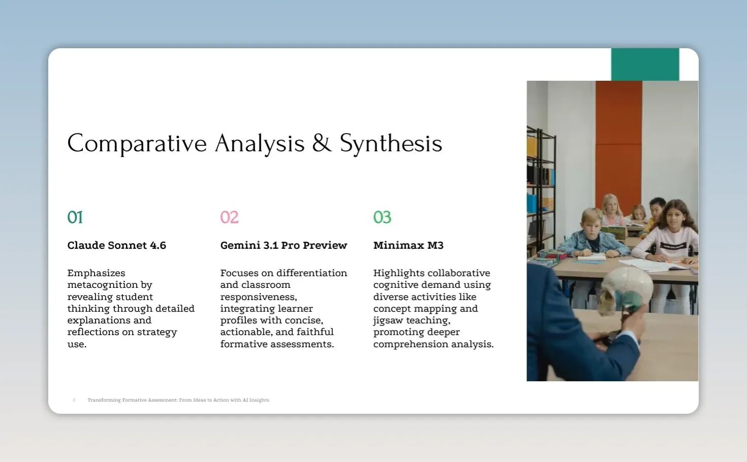 Comparative analysis slide listing Claude Gemini and MiniMax strengths