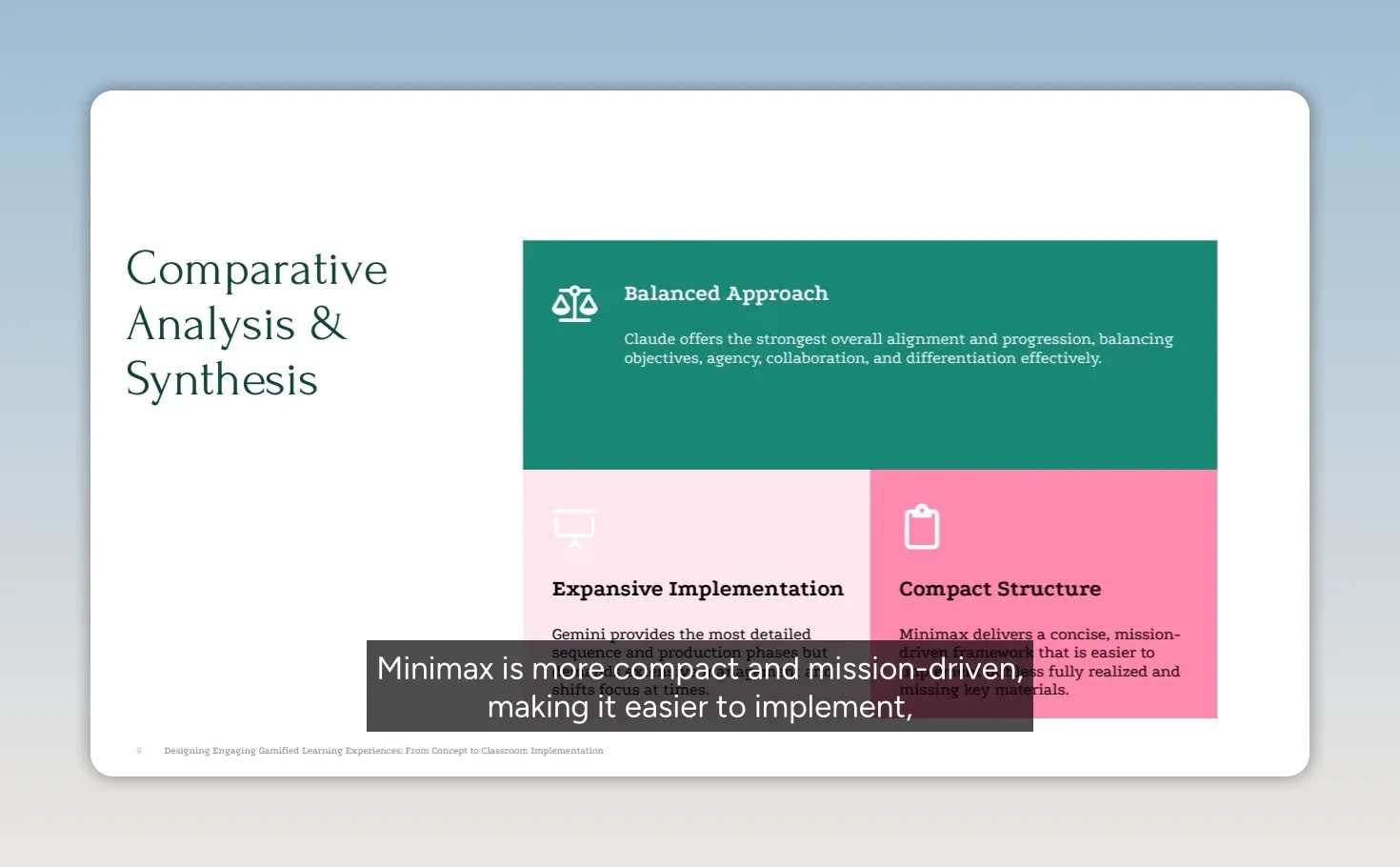 Comparative analysis slide with balanced approach, expansive implementation, and compact structure panels