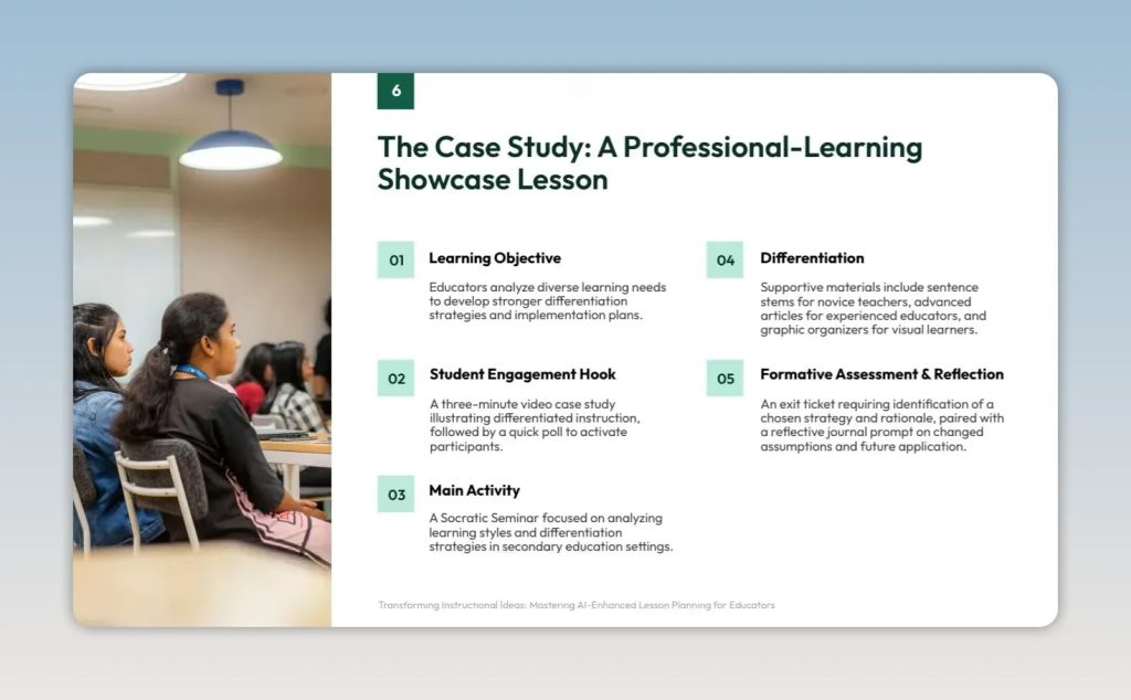 Slide outlining a professional-learning showcase lesson with objective, hook, main activity, differentiation, assessment, and reflection