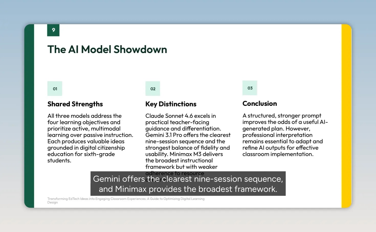 Slide titled The AI Model Showdown listing shared strengths key distinctions and conclusion