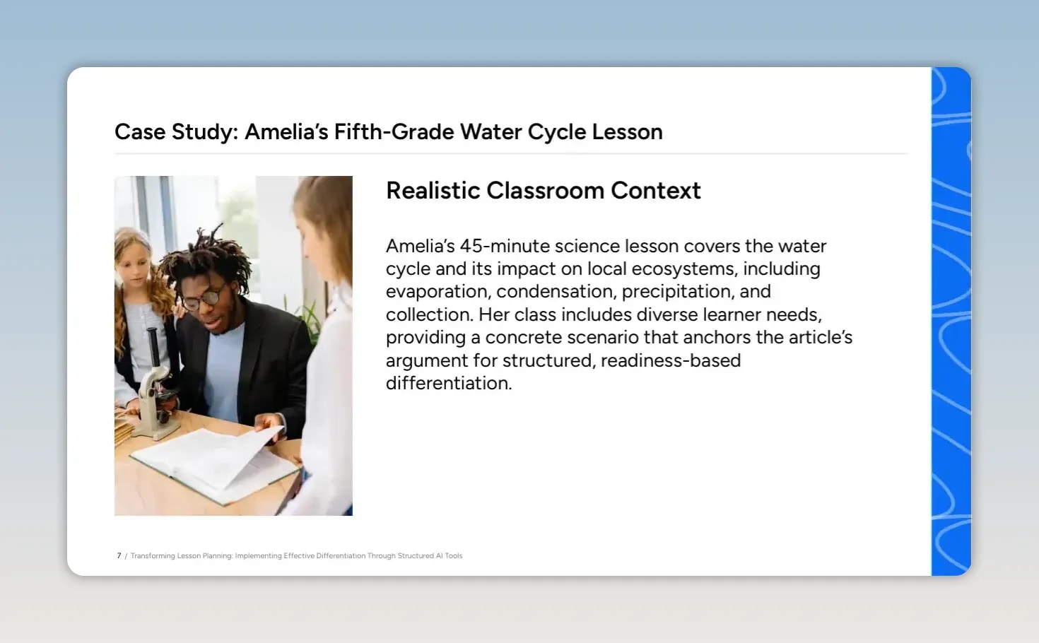 Slide titled Amelia's fifth-grade water cycle lesson with a classroom photo