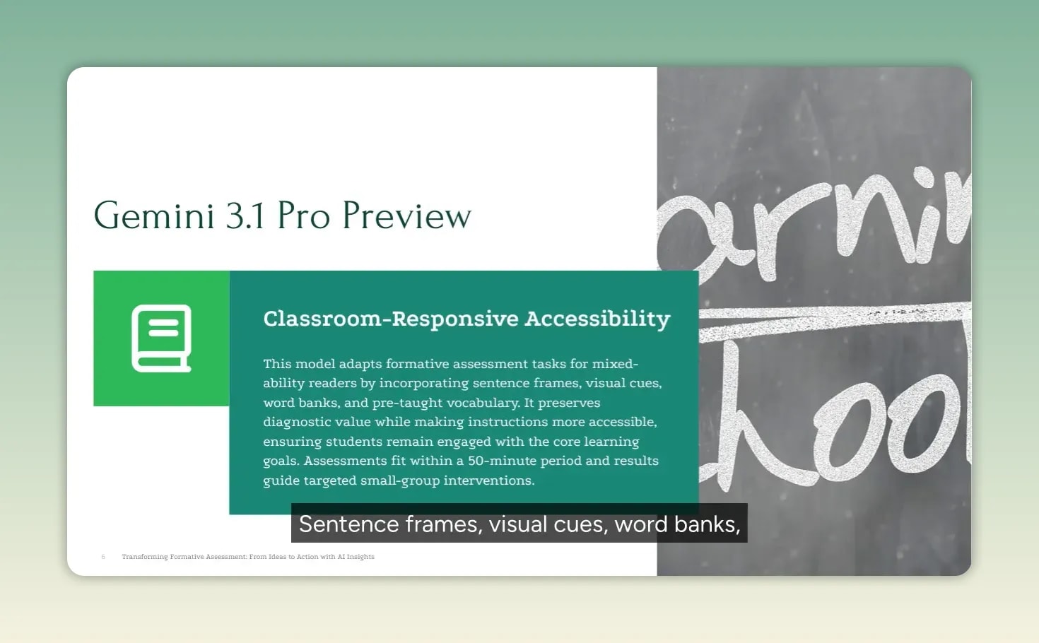 Slide titled Gemini 3.1 Pro Preview with classroom-responsive accessibility text