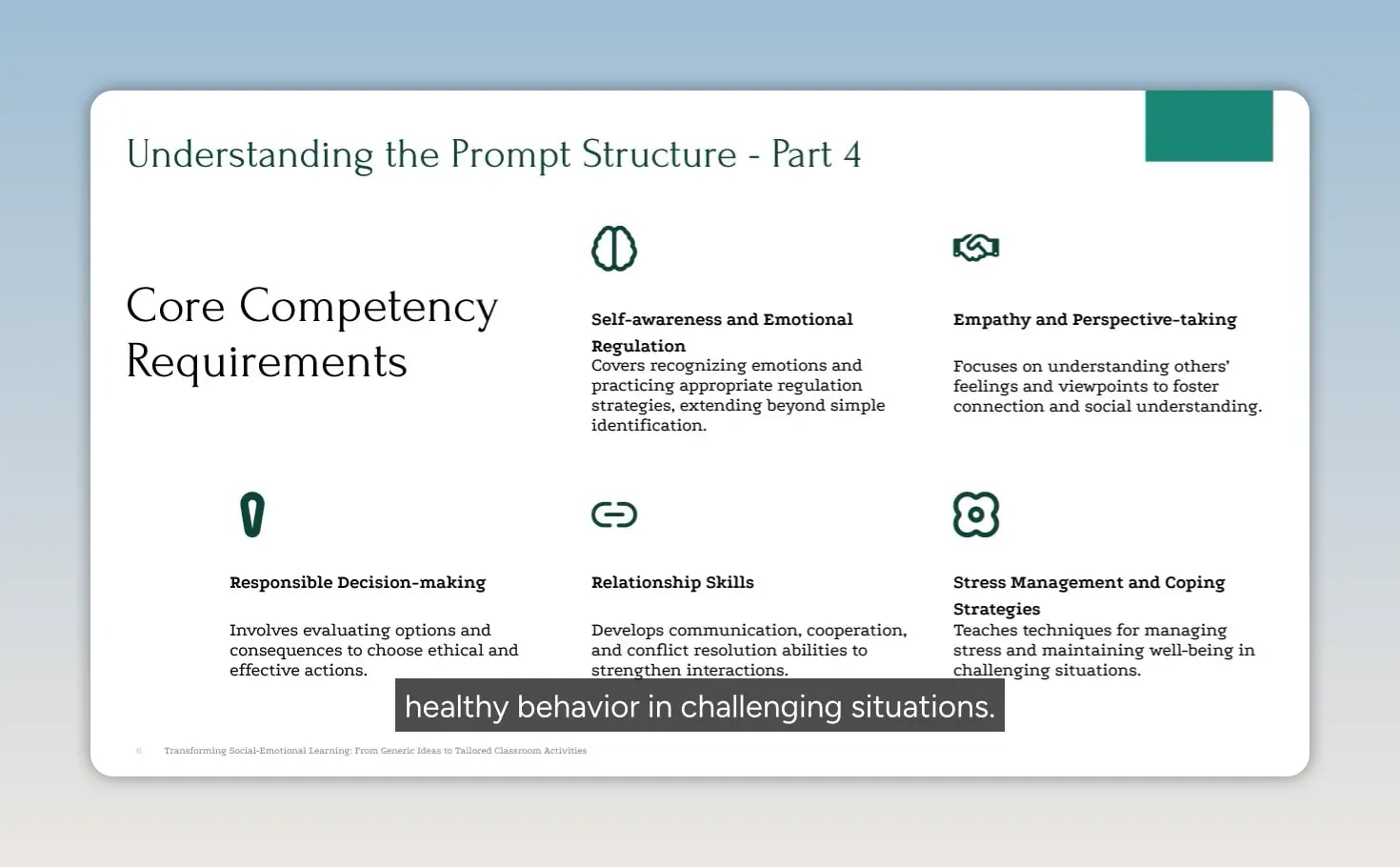 Slide listing five core SEL competency requirements with icons