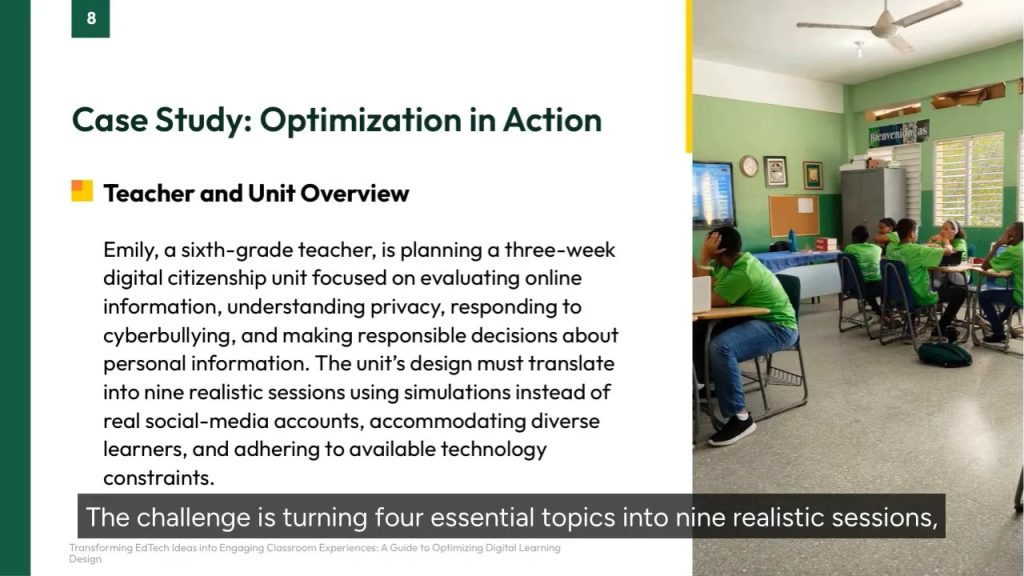 Slide titled Case Study Optimization in Action with classroom photo
