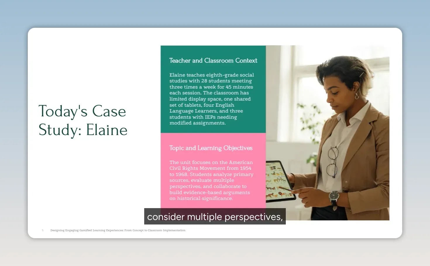 Slide titled Today's Case Study: Elaine with classroom context and learning objectives