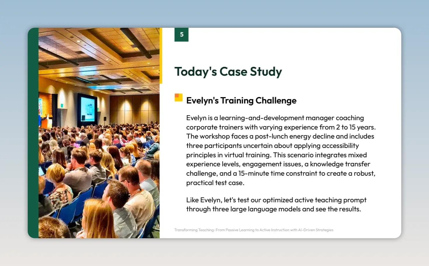 Slide titled Today's Case Study showing a crowded conference room and Evelyn's Training Challenge