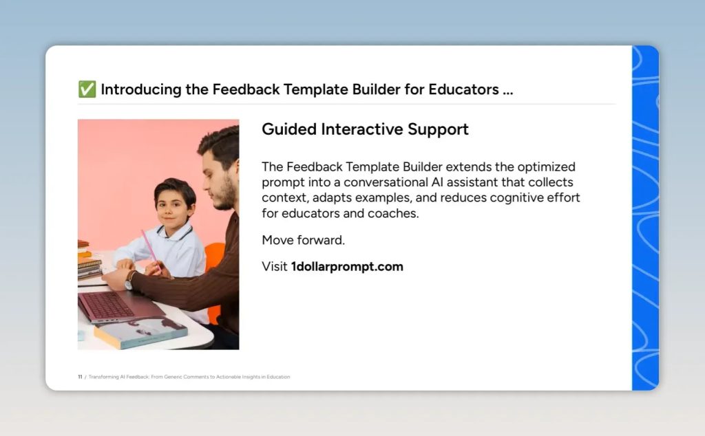 Slide introducing Feedback Template Builder for Educators with guided interactive support