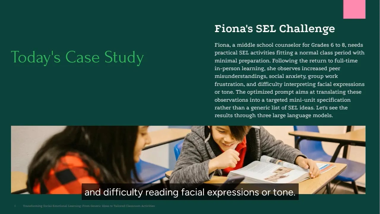 Slide titled Fiona's SEL Challenge with a classroom group-work photograph