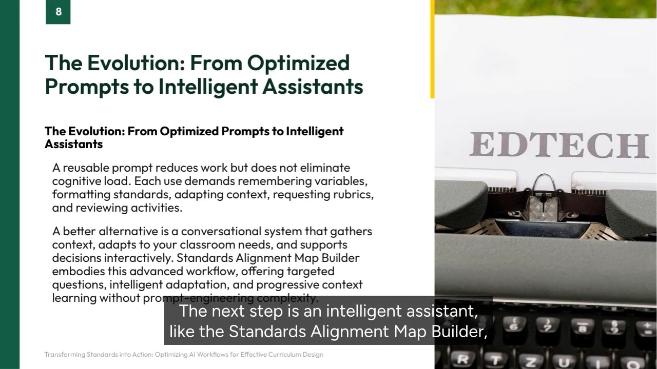 Slide titled The Evolution: From Optimized Prompts to Intelligent Assistants beside an edtech typewriter image