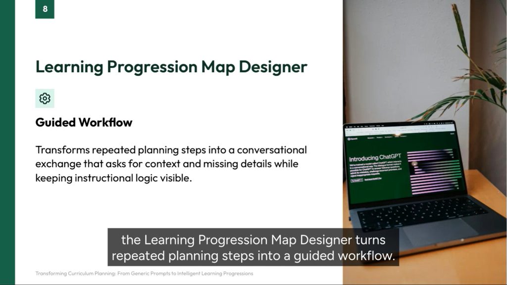Slide titled Learning Progression Map Designer beside a laptop showing a chat interface