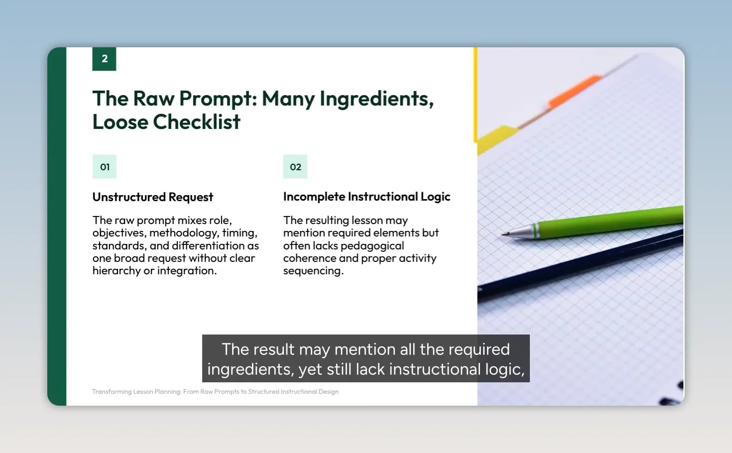 Slide titled The Raw Prompt: Many Ingredients, Loose Checklist with sections for unstructured request and incomplete instructional logic