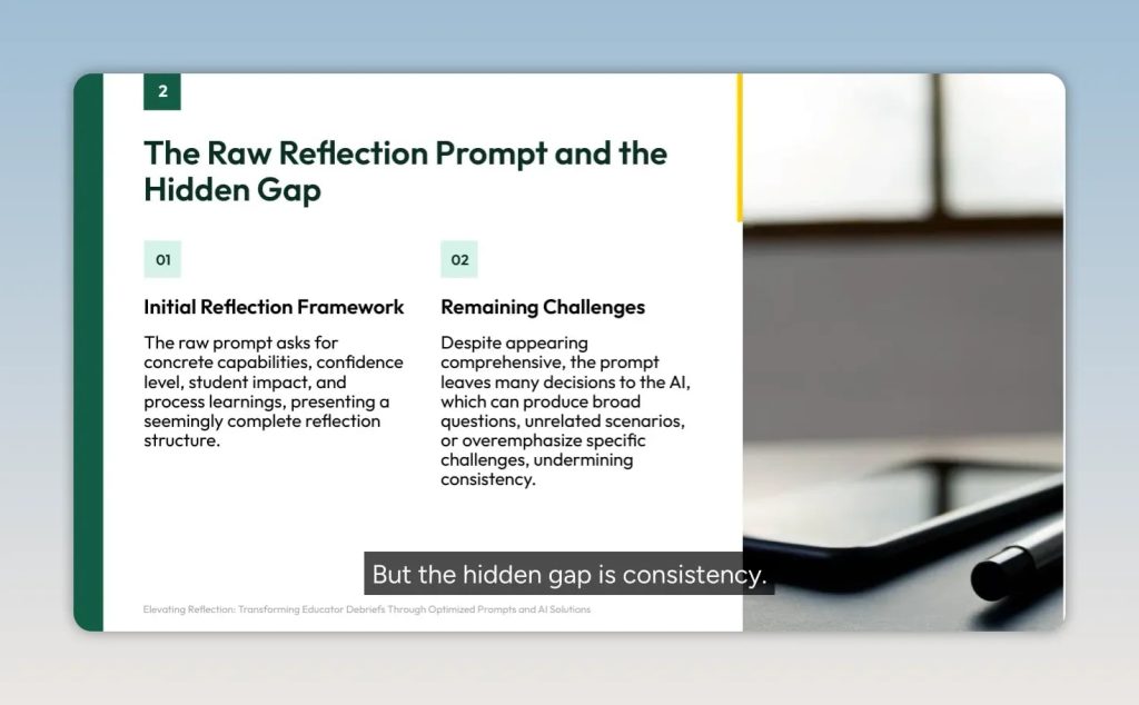 Slide titled The Raw Reflection Prompt and the Hidden Gap with columns for reflection framework and remaining challenges