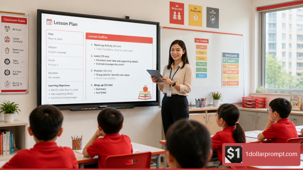 Elementary school teacher reviewing an AI-generated lesson plan on an interactive classroom screen