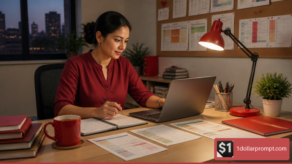 Secondary school teacher reviewing differentiated lesson materials at a desk in the evening.